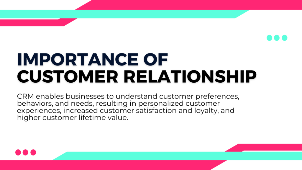 Importance of Customer Relationship

CRM enables businesses to understand customer preferences, behaviors, and needs, resulting in personalized customer experiences, increased customer satisfaction and loyalty, and higher customer lifetime value.